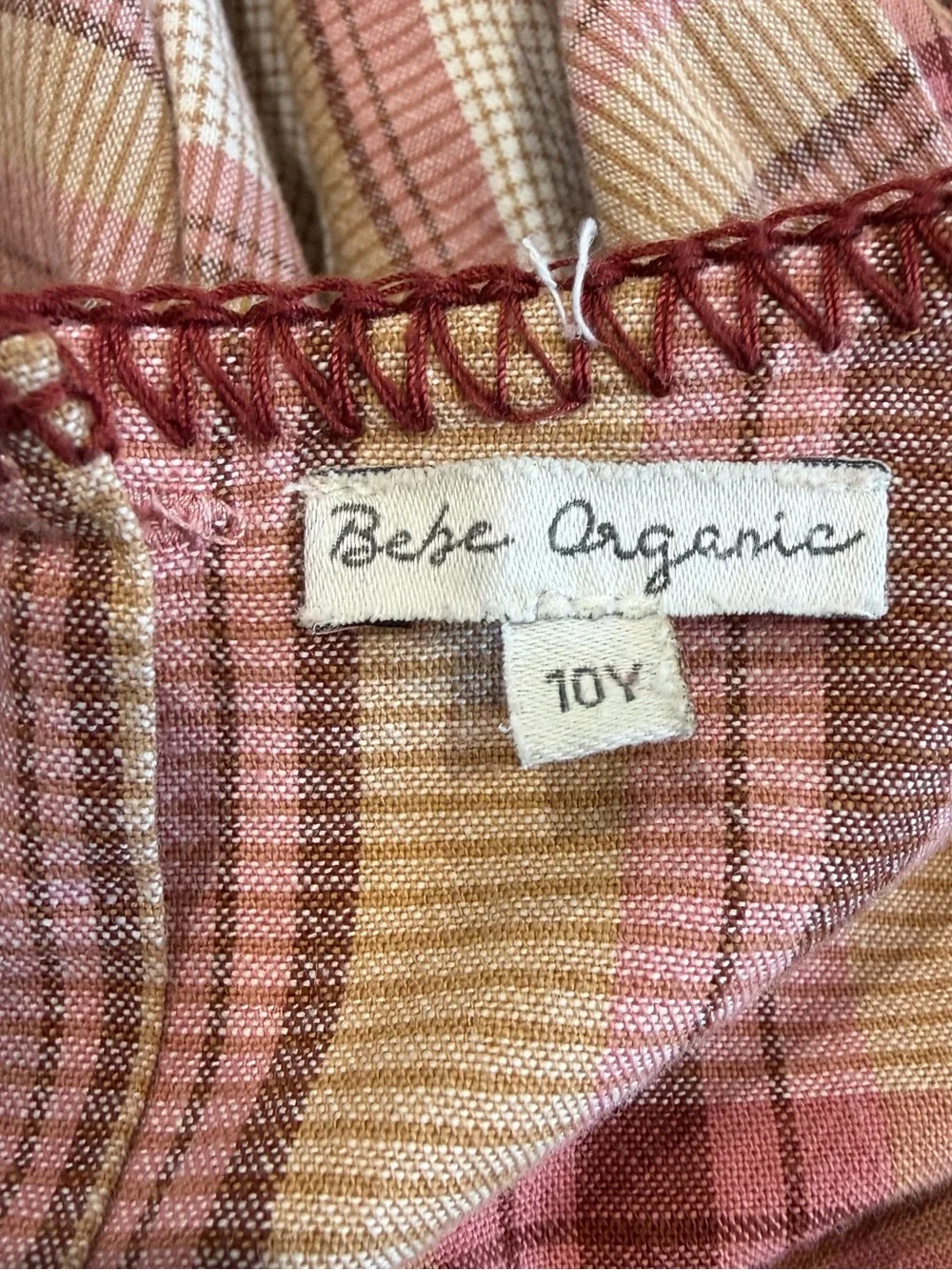 Bebe Organic Dress Girls Sz 10 Pink Cotton Plaid Cottagecore Peasant Embroidered